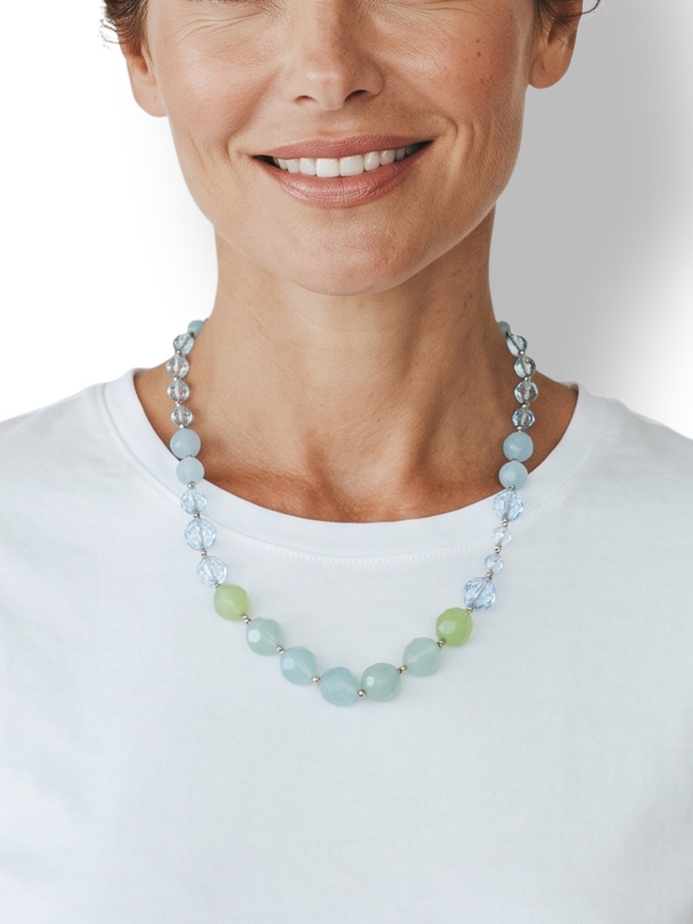 4/$20 Robert Rose Blue Green Faceted Beaded Necklace Silver Tone Adjustable